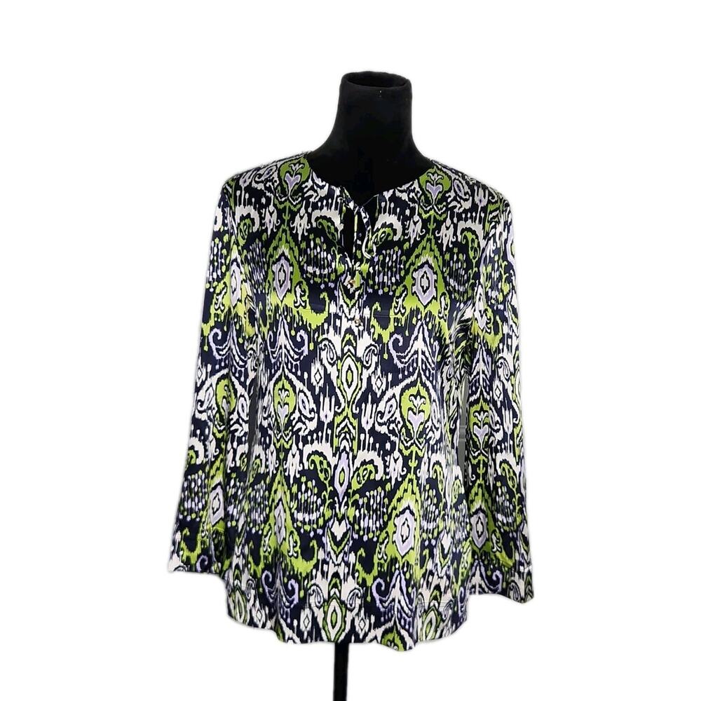 St John Multicolor Ikat Print Long Sleeve Silk Blouse Women’s Size SP Boho